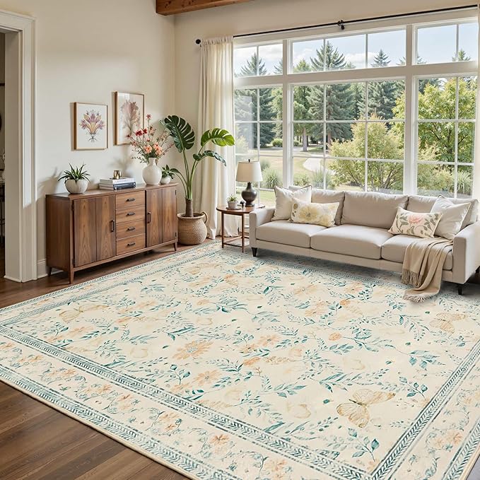 Floral Rug for Living Room Bedroom, 8x10 Washable Rug, Vintage Boho Area Rug, Large Non Slip Low Pile Wool Carpet for Indoor Dining Room,Girls Room,Nursery Room and Kids Room(Ivory Green 8x10)