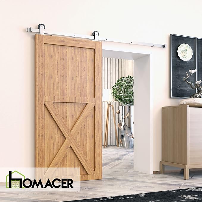 Homacer Brushed Nickel Non-Bypass Sliding Barn Door Hardware Kit, for One/Single Door, 9ft Long Flat Track, T-Shape Design Roller, Heavy Duty, for Interior & Exterior Use