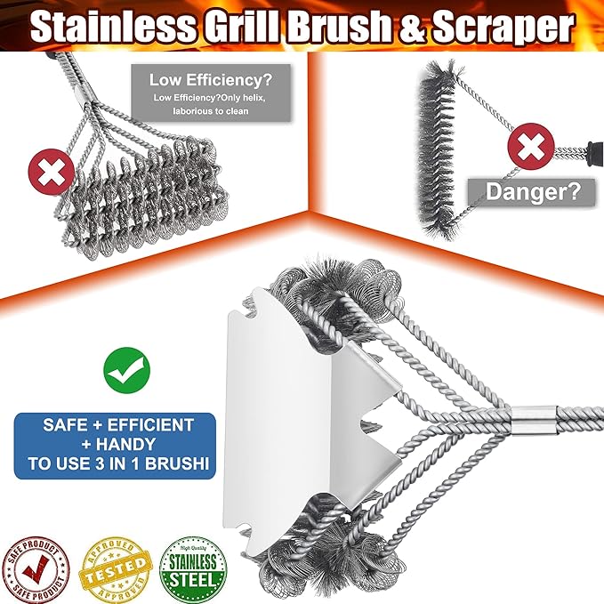 Grill Brush - Outdoor Grill Cleaner - BBQ Brush with Woven Wire Bristles, 18" - Safe & Efficient
