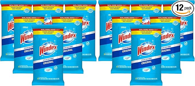 Windex Glass Cleaning Wipes, Pre-Moistened Glass and Surface Wipes to Clean Home Surfaces, Household Essentials, Original Scent, 38 Count (Pack of 12)