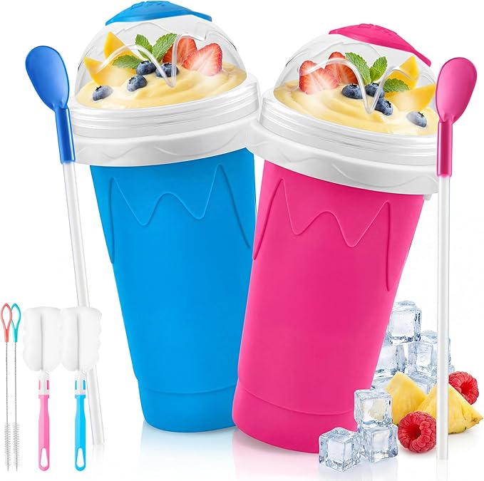 2 Pack Slushy Cup with Cleaning Brush Set - DIY Quick Freeze Squeeze Cup with Lid, Straw Spoon, Slushie Maker for Milk Juice Smoothies, Summer Gift for Kids Family Friends (Blue+Pink)