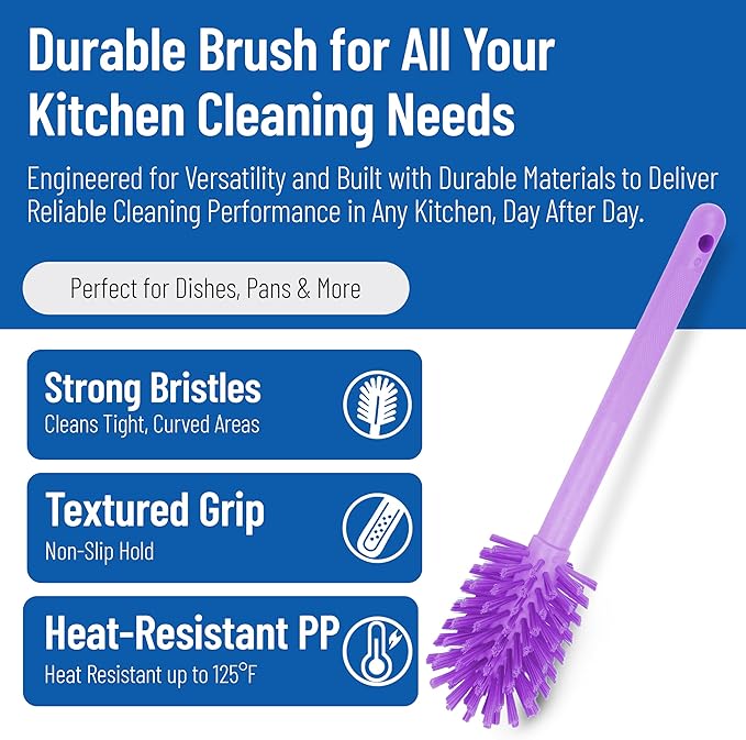 SPARTA Large Water Bottle Brush Ideal for Wide-Mouth Jars, Bottles and Tumblers, Dishwashing Tool with Handle for Home and Commercial Kitchens, Plastic, 12 Inches, Purple, (Pack of 6)