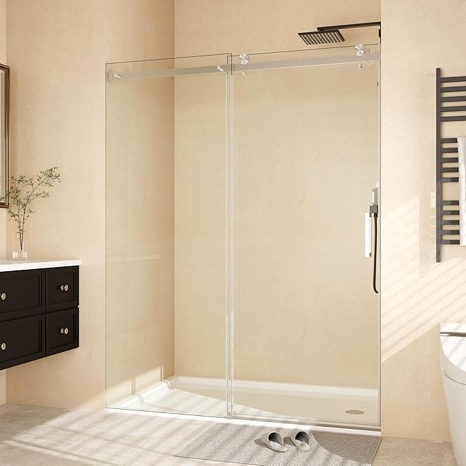56-60" W x 76" h Frameless Sliding Shower Door – Waterproof Glass Shower Door-1/4 Tempered Clear Glass with Explosion-Proof Film, Brushed Nickel Handle & Seal Strip
