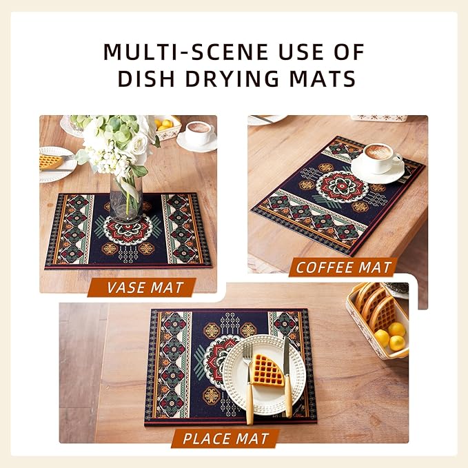 Dish Drying Mat Absorbent Moroccan Coffee Mat Rubber Backed Soft Silicone Mexican Kitchen Dish Draining Mat for Kitchen Bathroom Coffee Bar (Navy Blue, 12 x 16 Inches)