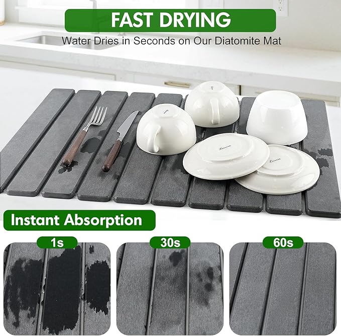 Stone Dish Drying Mat for Kitchen Counter | Diatomaceous Earth Water Absorbing Large Dry Mats 24"×16" Gray
