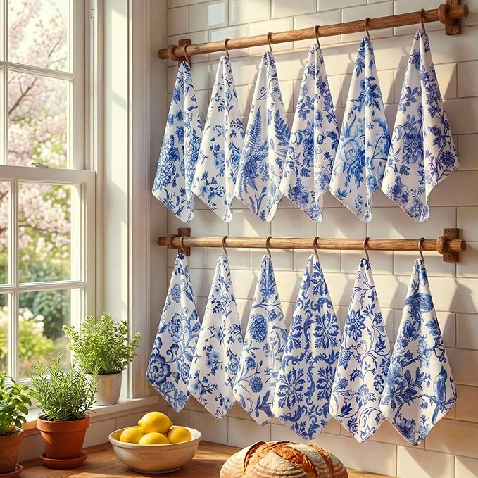 Tinlade 36 Pack Blue and White Floral Reusable Cleaning Cloths Washable Kitchen Towels Bulk Absorbent Cotton Dish Towels for Home Kitchen Cleaning Supplies