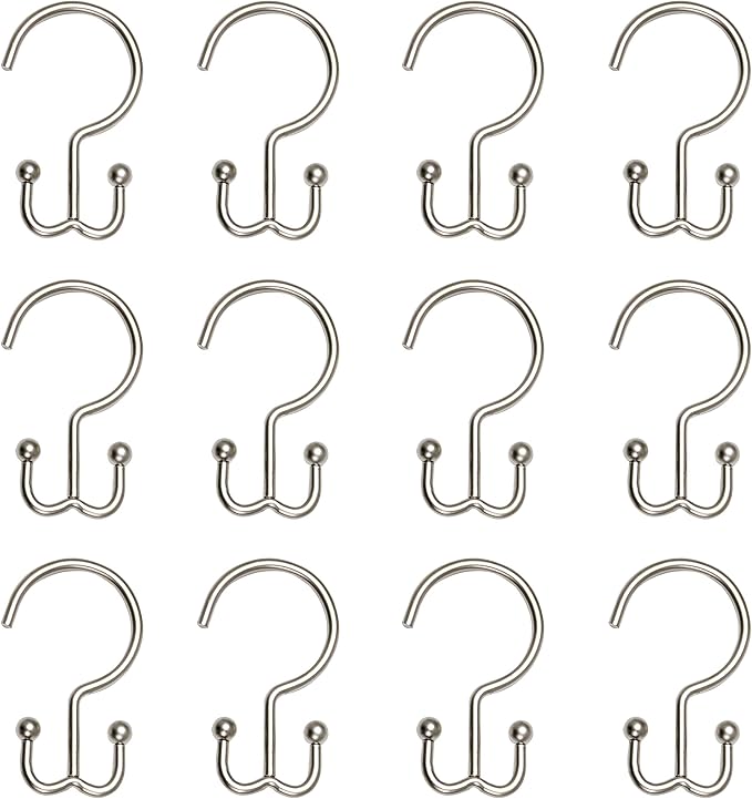Zenna Home NeverRust Rustproof Aluminum Double Shower Curtain Hooks, Decorative Double Sided Metal Hooks for Shower Curtain, Set of 12, Brushed Nickel