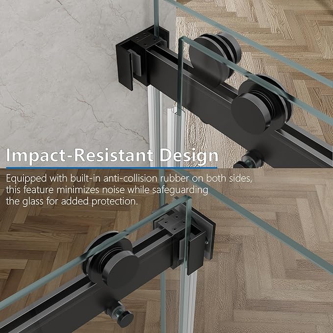 60x76 in Frameless Double Sliding Shower Door with 32x76 in Side Panel, Nano Glass, 304 Stainless Steel in Matte Black, L-Shape Design, Reversible Install
