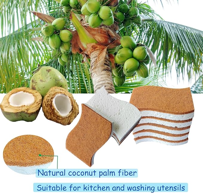 12Pcs Biodegradable Natural Kitchen Sponge - Non-Scratch Dish Sponges, Biodegradable & Compostable Cellulose with Coconut Fiber Cleaning Sponge for Kitchen, Dishes, Bathroom, Household.