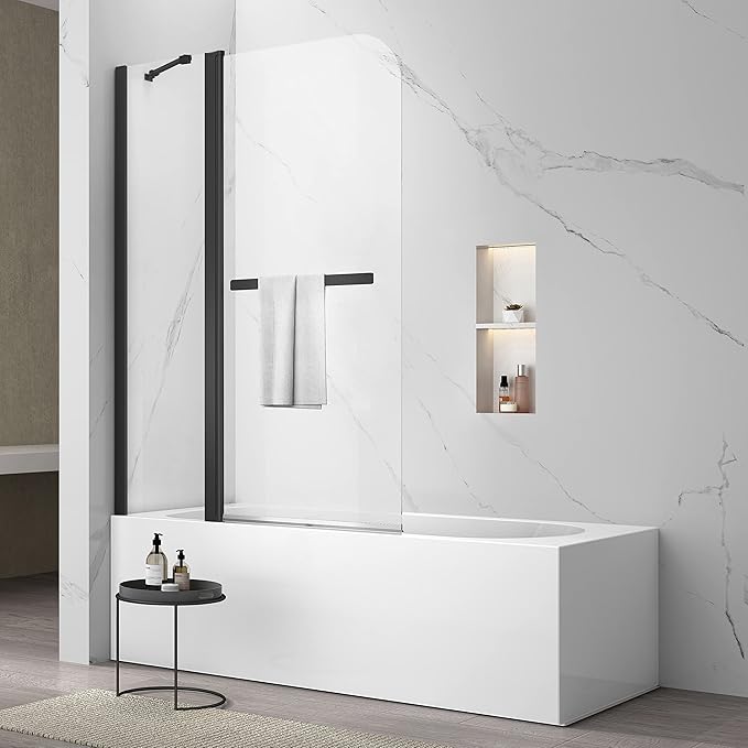 Sunrosa Pivot Tub Shower Door 43-3/8"×58", Bifold Bathtub Shower Door with Tempered Glass, Frameless Glass Shower Door with Towel Bar, Shower Door for Bathtub in Matte Black