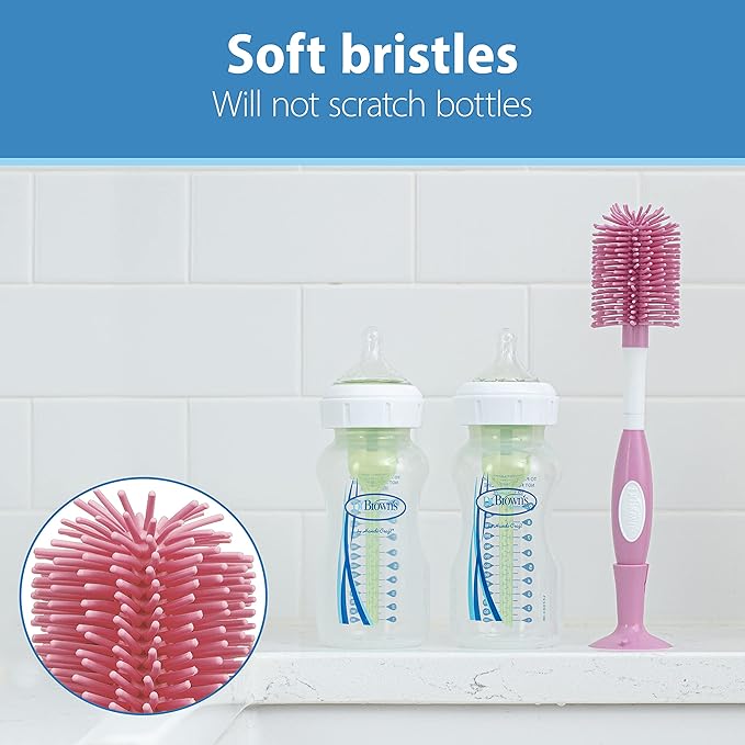 Dr. Brown's Soft Touch No Scratch Baby Bottle Cleaning Brush, Pink, 1-Pack + Deluxe Baby Bottle Brush with Vent Cleaning Brush, BPA-Free, Blue, 1-Pack