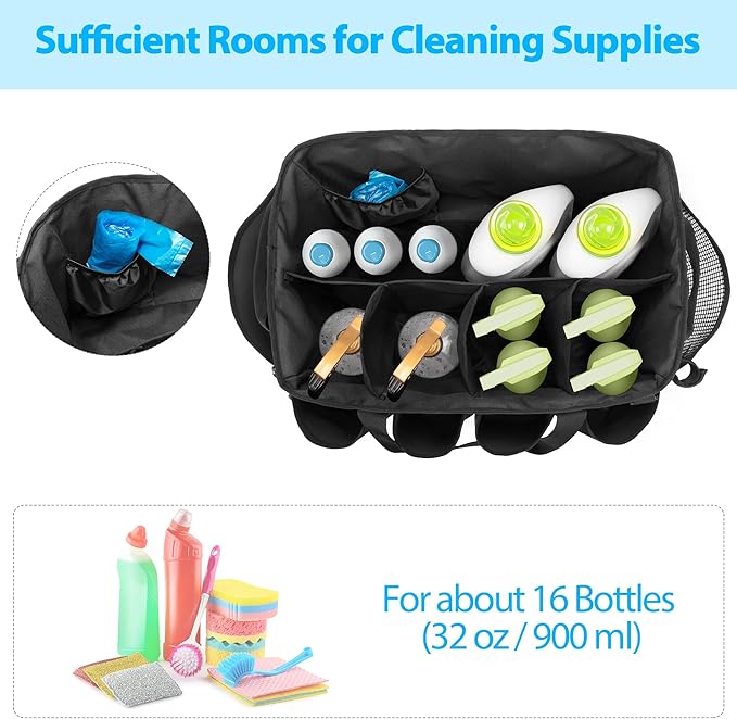 Extra-Large Cleaning Caddy & Large Apron, Organizer with Handle & Apron with Dual Shoulder Straps For Cleaning Tools Storage, Black