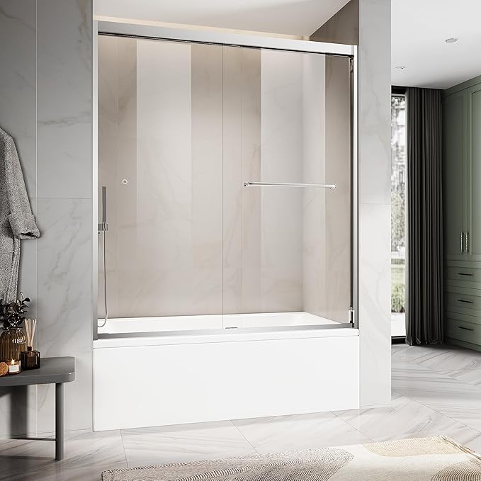 60" W x 66" H Double Sliding Frame Bathtub Door with 5/16" Clear Tempered Glass,Stainless Steel Roller Brackets,Waterproof Threshold Track,Easy-Cleaning Coating & Towel Bar/Knob, Bright Chrome