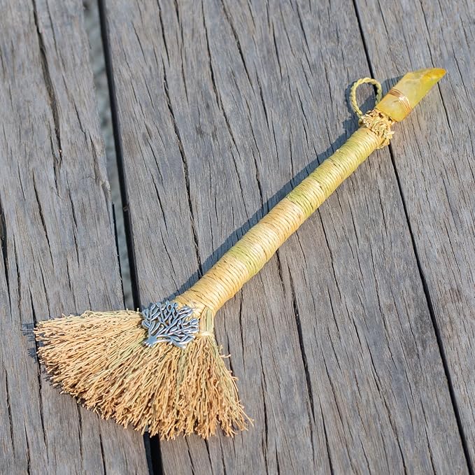 Witch Altar Mini Broom with Crystal and Tree of Life Decor - Wiccan Tools for Healing Energy Cleansing Altar Decoration (Yellow Crystal)