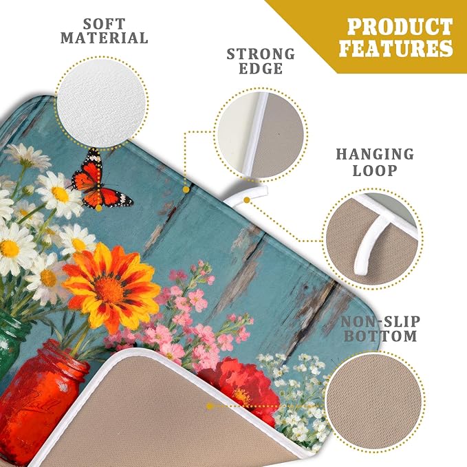 Spring Summer Floral Dish Drying Mat for Kitchen Counter 16x18 Flower Bottle Butterfly Woodgrain Seasonal Absorbent Reversible Microfiber Drying Mats Kitchen Countertop Protector Dishes Drainer Pad