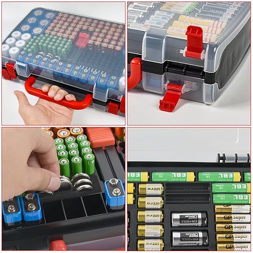 Double-Sided Battery Storage Organizer Case with BT-168 Tester, Holds 269, Fits AA AAA AAAA C D 9V 18650 CR123A CR2 23A 4LR44 and Coin Cells, Water-Resistant, Portable Handle - Black