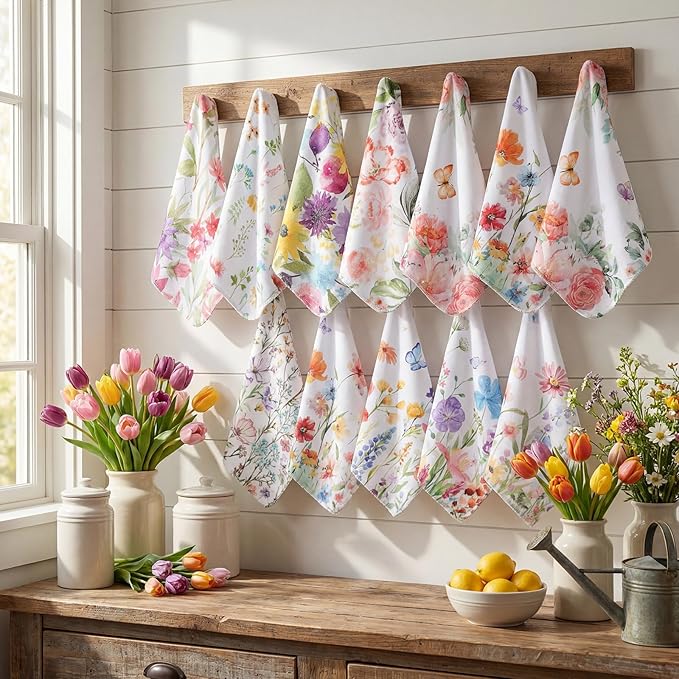 Tinlade 36 Pack Wildflower Reusable Cleaning Cloths Washable Kitchen Towels Bulk Absorbent Cotton Dish Towels for Home Cleaning Kitchen Spring Decor