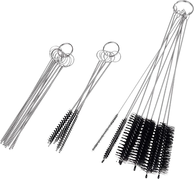 Set of 15 Cleaning Brushes and 10 Cleaning Needles - for Small Openings/Tubes/Pipes - for Example: Spray Paint Gun, Car/Motorcycle/Scooter Carburetor, Pet Feeding Bottle, Coffee Machine, etc.