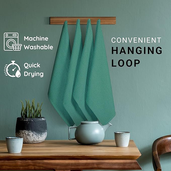 TWINY threads Set of 6 Kitchen Dish Towels, 100% Cotton, 18x28 Inches, Soft & Absorbent Wash Cloths with Hanging Loop, Quick Drying, Washable Bar Towel for Table Cleaning - Turquoise Green
