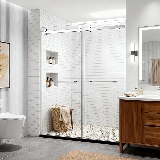 Shower Door, 56-60" W x 74" H Framed Double Sliding Shower Door with 5/16"(8mm) Clear Tempered Glass, Glass ShowerDoor w/Explosion-Proof Film Nano Coating,Brushed Nickel Finished