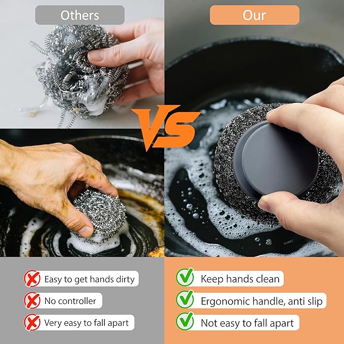 Stainless Steel Wool Scrubber with Rubber Handle & 2 Pads for Cleaning Dishes, Kitchen Pots, Pans, Grills (Grey)