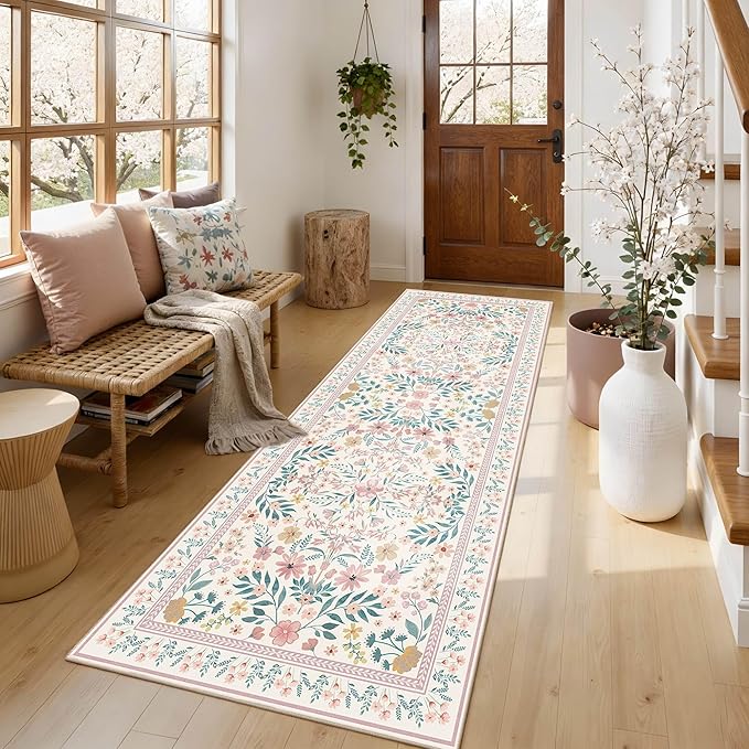 2x6 Floral Runner Rug, Washable Runners for Hallways, Pink Vintage Boho Kitchen Rugs, Non Slip Hallway Runner Carpet for Indoor Hallway, Kitchen, Laundry Room and Bathroom