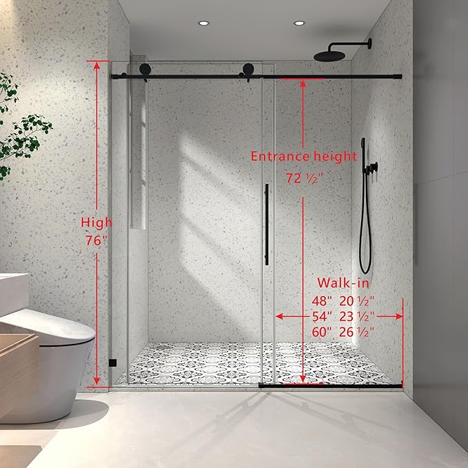 Favfurish Single Sliding Shower Door, 55"-60" W x 76" H Frameless Shower Door with 5/16" (8mm) Thick SGCC Tempered Glass W/Adjustable Soft Closing,Bathroom Glass Door for Spa（Matte Black）