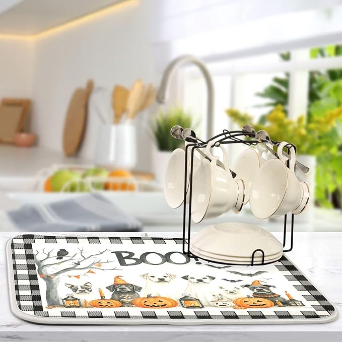 Halloween Dogs Dish Drying Mat for Kitchen Countertop 16x18 Raven Bat Pumpkin Black Buffalo Plaid Small Drying Mat Reusable Quick Dry Dish Sink Mats Easy Clean Decorative Essentials