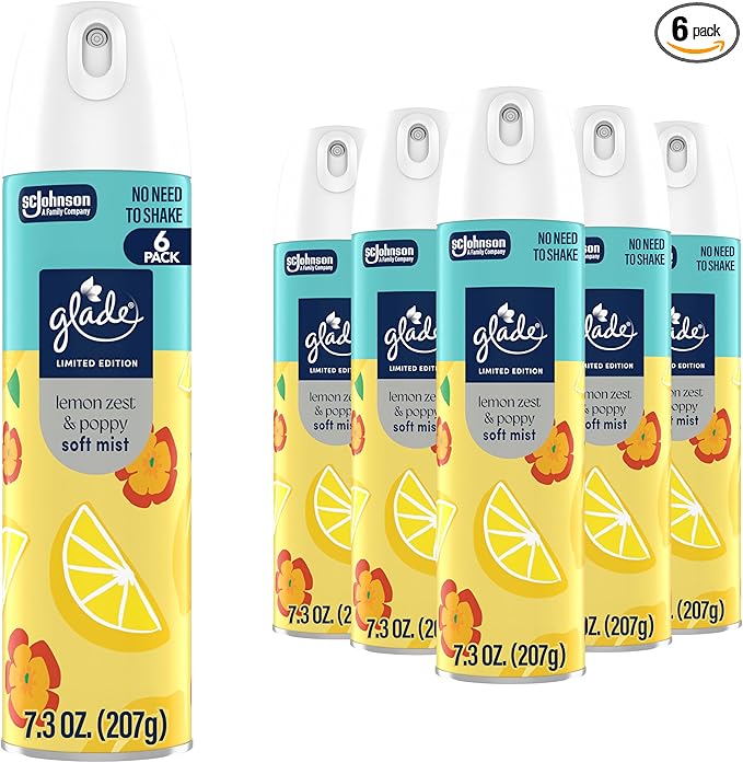 Glade Odor Fighting Soft Mist Air Freshener Room Spray, Lemon Zest & Poppy, 8oz., 6 count