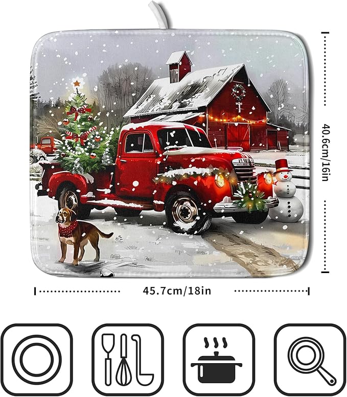 Red Truck Christmas Dish Drying Mat for Kitchen Counter 16x18 Inch Winter Xmas Tree Snowman Dog Print Absorbent Reversible Microfiber Drying Mats Kitchen Countertop Protector Dishes Drainer Rack Pad