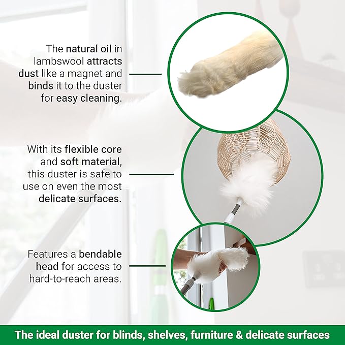 Unger Commercial StarDuster Lambswool Duster with Telescopic Handle - Extends 30 to 60" for High-Reach Dusting - Flexible, Chemical-Free Cleaning Tool for Ceilings, Vents & Fixtures - LWDUR