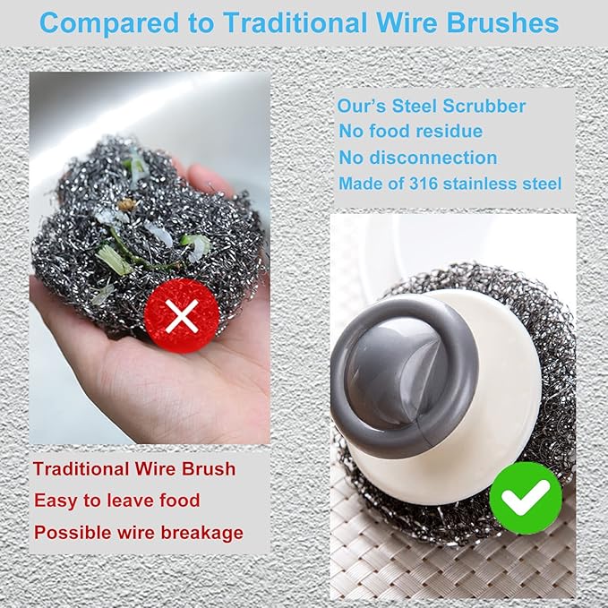 Onewly 24Pack Steel Wool Scrubber with Handle, Stainless Steel Scrubber for Cleaning Cast Iron, Dishes, Stock Pots, Pans, Griddles, Grills
