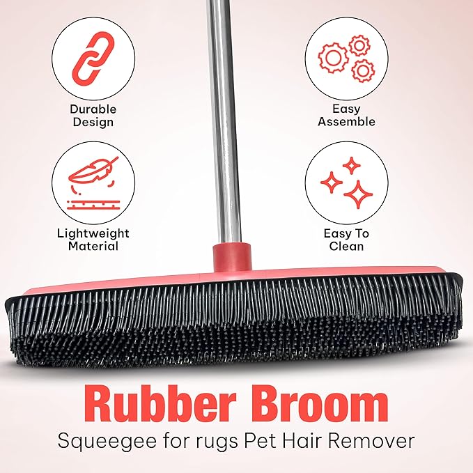 Hybrid Dog Pet Hair Removal Broom with Squeegee – Adjustable Handle Rubber Broom for Pet, Hardwood Floors, Tile, & Liquid-Dirt with 2 Portable Hair Brushes & Cloth