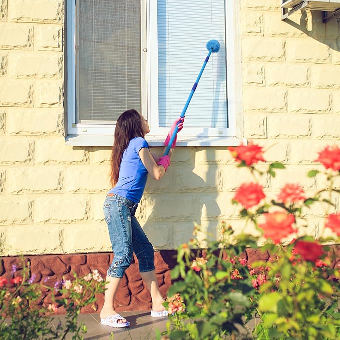Dusters for Cleaning,Duster, Cobweb Duster with Extension Pole, Medium Stiff Bristles Cobweb Duster Head Ceiling Fan Duster Webster Cobweb Duster for Outdoor Indoor Cleaning (Blue, 8 FT)