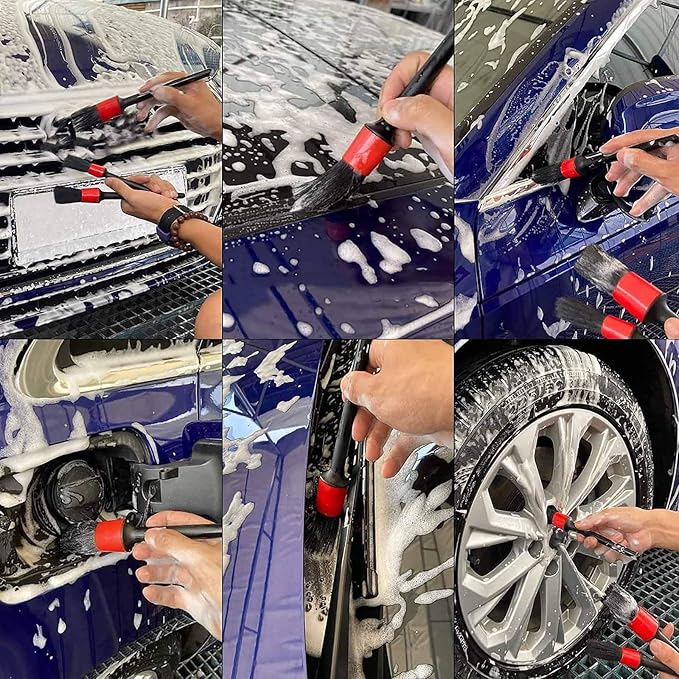5pcs Auto Car Detailing Brush Set Car Interior Cleaning Kit Includes 3 Hair Detail Brush, 1 Brush for Cleaning Car Interior Exterior, Engines Leather Wheel (Multicolor, One Size)