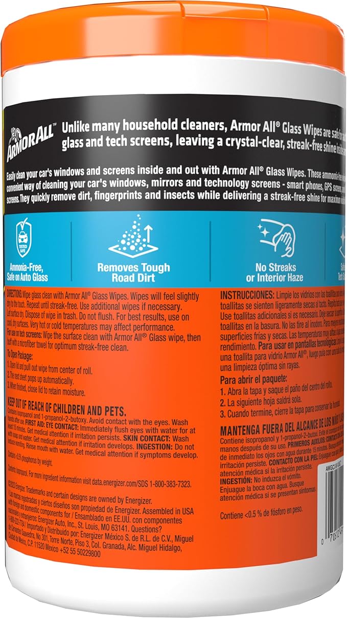 Car Glass Wipes by Armor All, Auto Glass Cleaner for Film and Grime, 90 Count