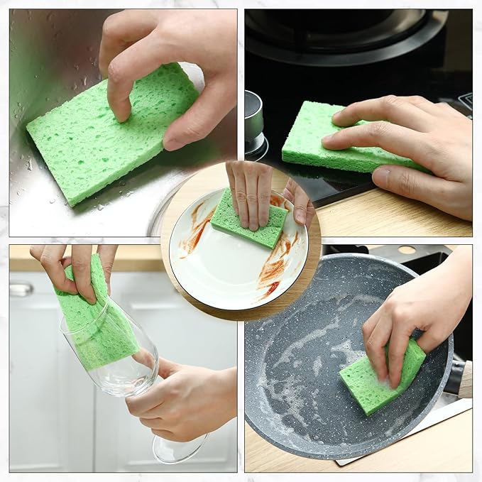 Zhengmy 100 Pieces Sponges Kitchen Compressed Sponges Bulk Natural Dish Sponge Compressed Wood Pulp Cleaning Sponge Without Scratching for Kitchen Bathroom, 3.9 x 2.4 x 0.12 Inch (Green)