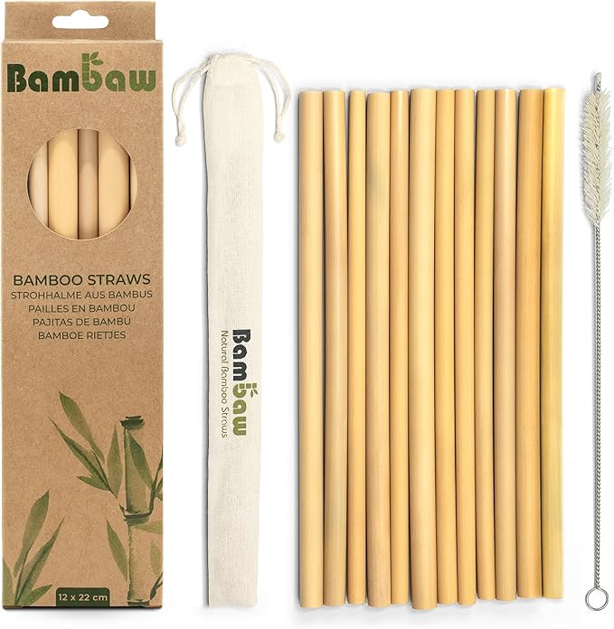 Bambaw Bamboo Straws - Eco Friendly Reusable Straws with Cleaner Brush & Pouch, Pack of 12 - 8.7''