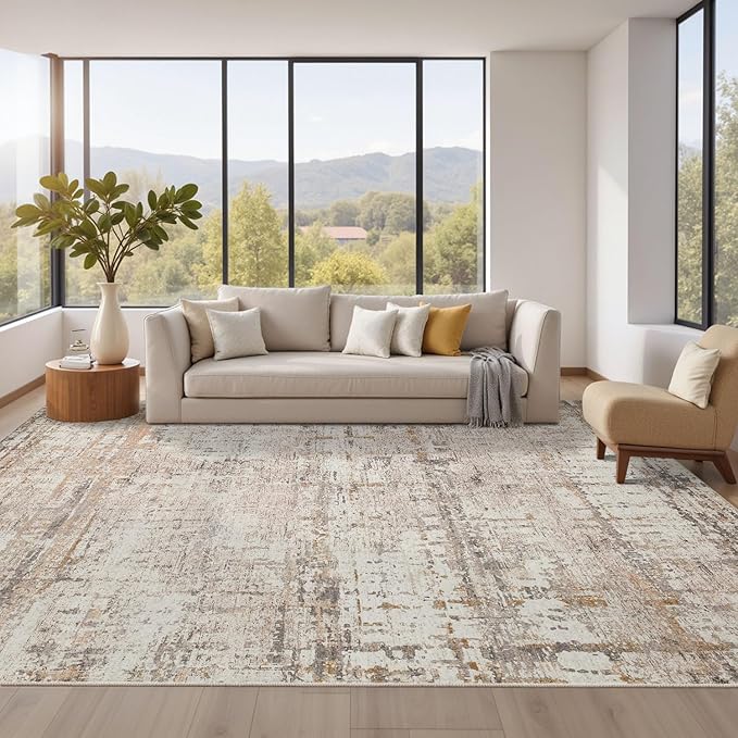 8x10 Modern Abstract Area Rugs,Large Soft Rugs for Living Room,Neutral Washable Rug,Beige Rugs for Bedroom Dining Room, Non-Slip Foldable Thin Indoor Carpet, Stain Resistant(Beige Grey)