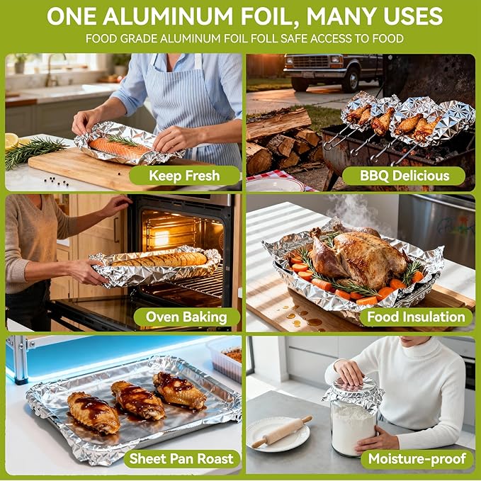 Aluminum Foil Roll, 12in x 350ft Aluminum Foil, Thick Strong Tin Foil with Cutter, Food Safe Cling Wrap for Cooking, Baking, Roasting, Grilling, Freezer Storage