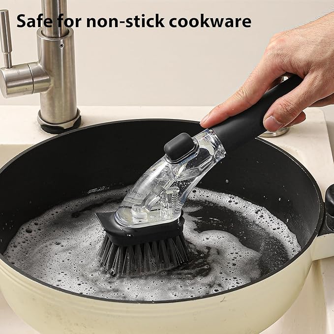 Soap Dispensing Dish Brush with Handle, Kitchen Scrub Brush for Dishes Pots Pans Sink Cleaning (Black)