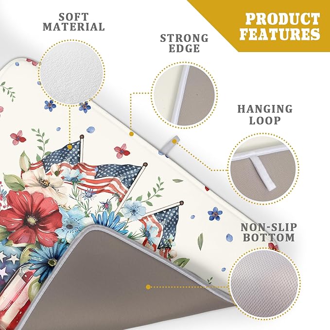 Giwawa American Patriotic Floral Dish Drying Mat Flower Vase Drainer Rack Mats 18"x24" Absorbent Microfiber Dish Dry Pad for Kitchen Counter Sink