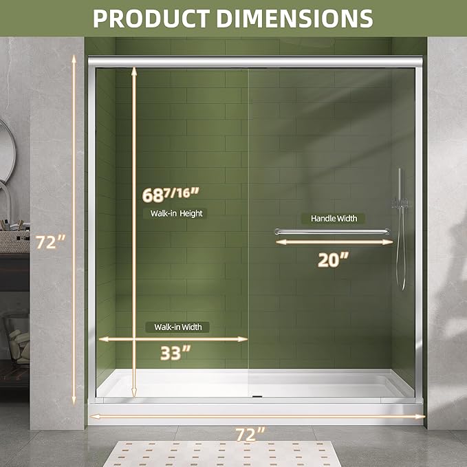 GETPRO Shower Door 62-66 in. W x 72 in. H Double Sliding Semi-Frameless Bypasss Bathroom Shower Glass Doors 1/4 inch Clear Tempered Glass Door for Walk-in Shower Chrome Finish