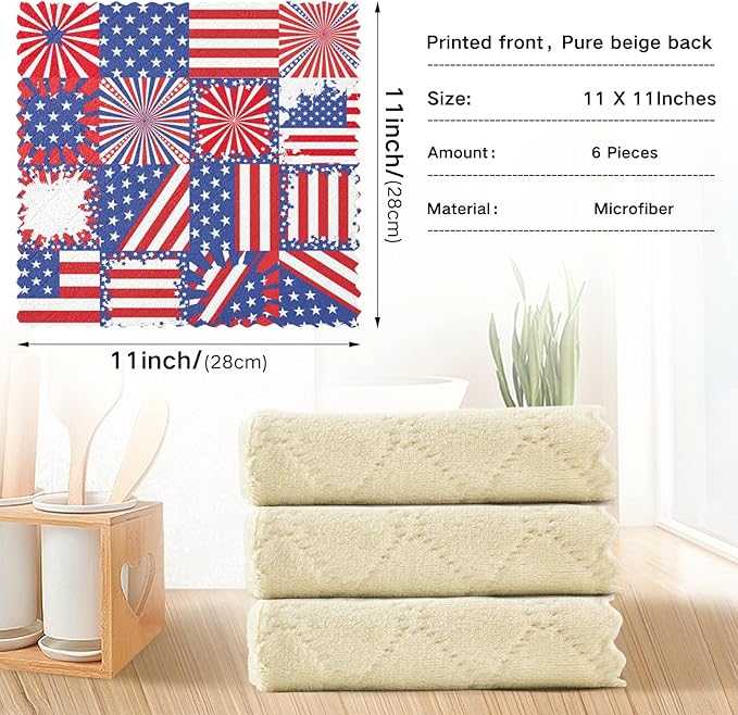 ALAZA Dish Towels 4th of July American Independence Day Dish Cloths Absorbent Lint Free Bar Tea Soft Towel Kitchen Accessories Set of 6, 11"x11"