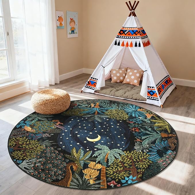 GarveeHome Round Area Rugs 8ft for Living Room, Large Green Jungle Washable Circle Rug Soft Non Slip Forest Animal Print Floor Mat Tiger Carpet Indoor Thin Rug for Bedroom Dining Room Playroom Nursery