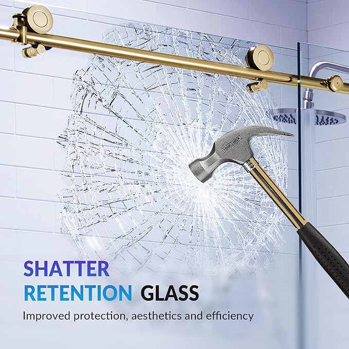 Woodbridge Frameless Single Sliding Shower Doors in Brushed Gold Finish, 57.5-60" Width x 62" Height with 3/8"(10mm) Clear Tempered Glass, Soft Close System and Explosion-Proof Film, BSDC6062-BG