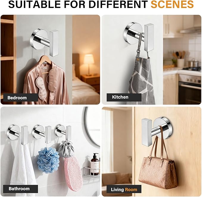Nolimas Towel Hooks for Bathrooms, Chrome Polished Towel Hook for Kitchen Bathroom, SUS304 Stainless Steel Coat Hook, Heavy Duty Robe Hooks for Hanging Towels, Coats, sponges, Wall Mount, 2 Pack