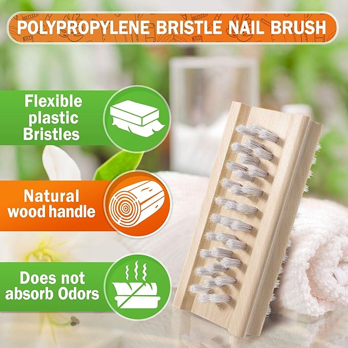 Konex Non-Slip Wooden Two-sided Hand and Nail Brush. Fingernail Brush for Nail Cleaning and Scrubbing. Heavy duty Stiff Nail Brush for Travel. Mechanic hand scrub brush with molded grip.