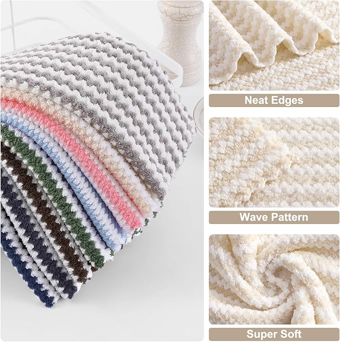 Homaxy 18 Pack Kitchen Dish Cloths, Ultra Soft and Absorbent Dish Towels, Reusable Fast Drying Microfiber Cleaning Cloth, Coral Velvet Wave Design Lint Free,10 x 10 inches, Beige