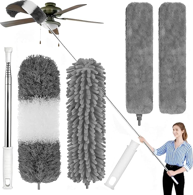 Microfiber Feather Duster, 6PCS Extendable Bendable Dusters with 100" Telescopic Pole, Washable & Reusable Cleaning Kit for Ceiling Fans, Lights, Blinds, Cars, Hard-to-Reach Areas (Gray)